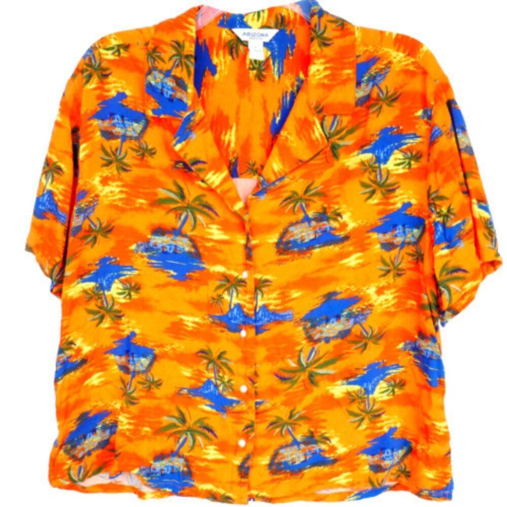 Arizona Womens  Size L Hawaiian Shirt BlouseRayon Multicolor Orange Short Sleeve